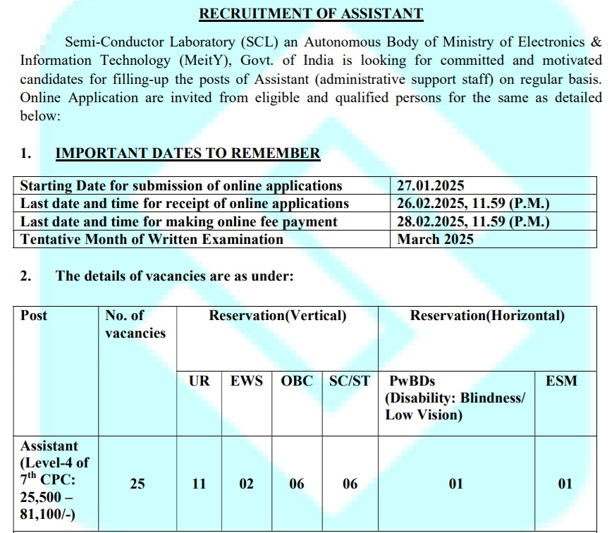 SCL Assistant Recruitment 2025